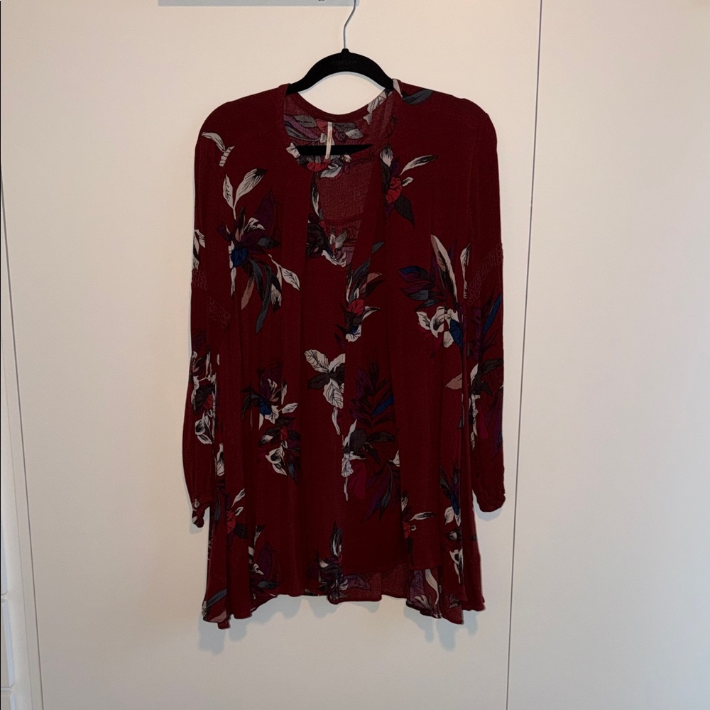 Free People Burgundy and Gray Floral Top